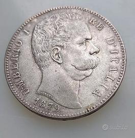 UMBERTO I 5 LIRE 1879,AG 25 GR,2°TIPO, QSPL SPL