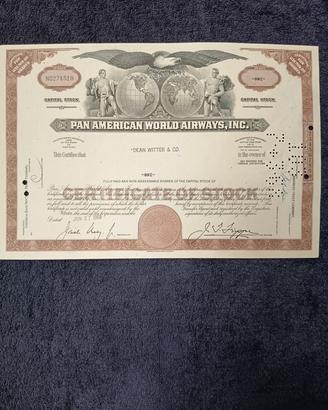 Stati Uniti certificato azionario vintage Pan Am.