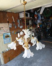 Tris Lampadari Vintage in Vetro Satinato e Ottone