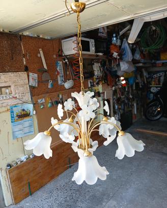 Tris Lampadari Vintage in Vetro Satinato e Ottone