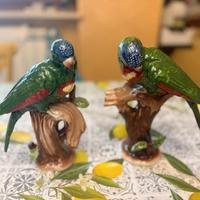 Coppia di pappagalli in gesso smaltato