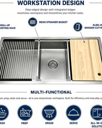Lavello da cucina workstation in acciaio inox 80x5