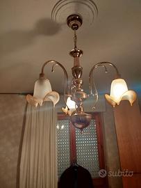 Lampadario 3 luci in ottone con paralumi a tulipan
