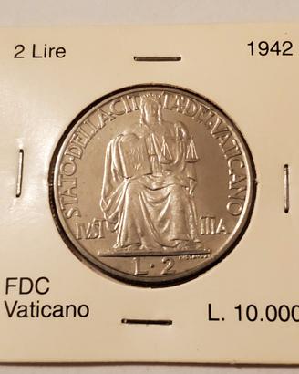 CITTA' DEL VATICANO PIO XII 2 LIRE 1942 FDC