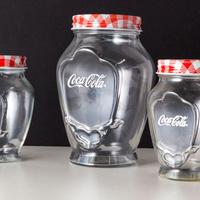 COCA-COLA RARO SET DI TRE VASI IN VETRO CON TAPPO 