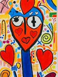 ARTE POP BASQUIAT DIPINTO A MANO SU TELA FIRMATO 