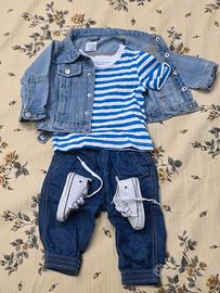 Completo neonato giacca jeans, t-shirt, pantaloni 