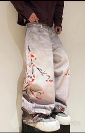 Pantaloni baggy con stampa floreale stile giappone