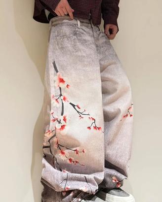 Pantaloni baggy con stampa floreale stile giappone