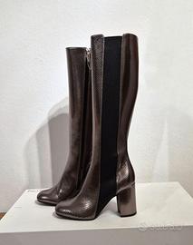 Stivali alti con tacco, pelle, grigio, Pollini, 37