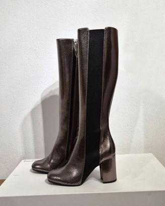 Stivali alti con tacco, pelle, grigio, Pollini, 37