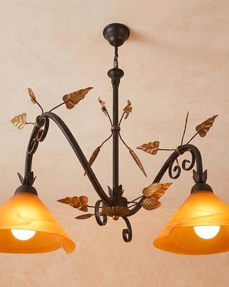 Lampadario Vintage in Ferro Battuto e Vetro Satina