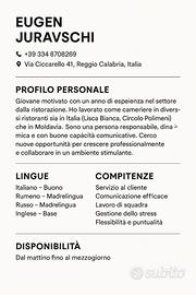 Cameriere/Aiuto-pasticcere, aiuto-cuoco, barista