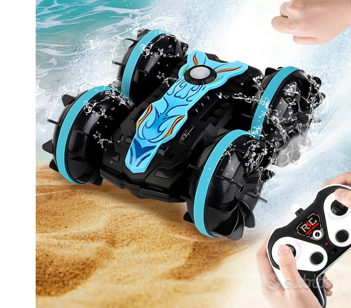 Todeco Veicolo RC Anfibio 4WD, Auto Telecomandata All-Terrain con Rotazione a 360°, Frequenza 2.4GHz e Luci LED, Adatta a Tutti gli Appassionati (blu