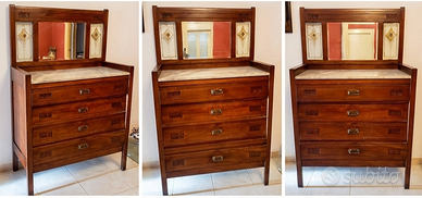 Cassettiera in legno con specchio, lastra in marmo