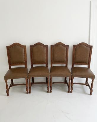 Set 4 Sedie Vintage in Legno e Pelle con Borchie -