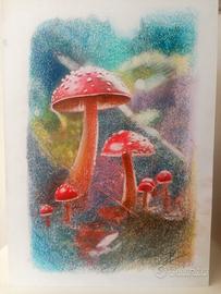 dipinto quadro funghi nel bosco
