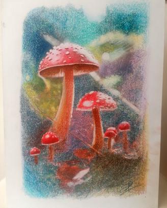 dipinto quadro funghi nel bosco