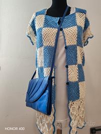 Cardigan lungo all'uncinetto  vintage blu -