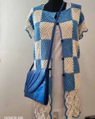 Cardigan lungo all'uncinetto  vintage blu -