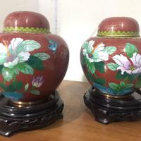 Vasi Potiche fiori cloisonne' con base in legno