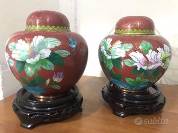 Vasi Potiche fiori cloisonne' con base in legno