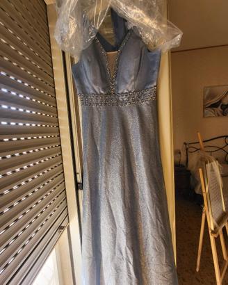 Abito lungo da cerimonia azzurro con strass – Atel