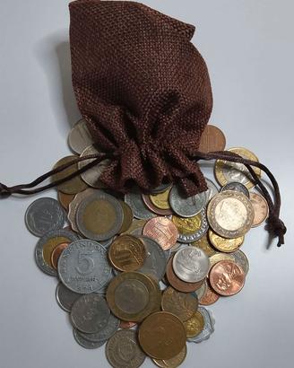 N°150 monete mondiali Mix in sacchetto di tessuto