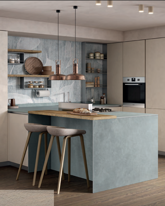 CUCINA CON PENISOLA CON COLONNE LIVING+LIBRERIA