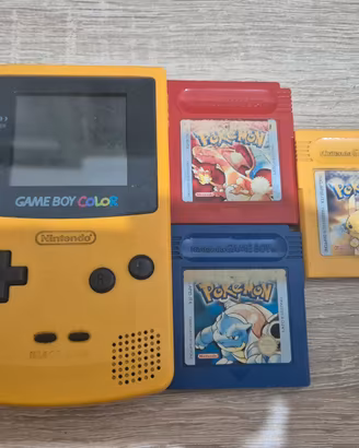 Game Boy color giallo + pokemon rosso, blu, giallo