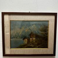 Quadro vintage paesaggio montano cornice in legno