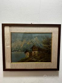 Quadro vintage paesaggio montano cornice in legno