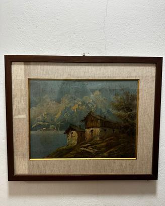 Quadro vintage paesaggio montano cornice in legno