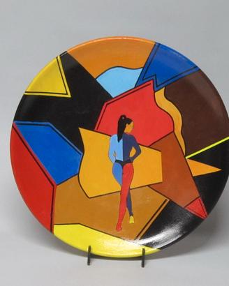 2 PIATTI TERRACOTTA DIPINTA GEOMETRICO ASTRATTO