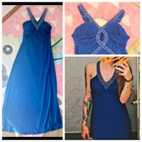 Vestito lungo Blu elettrico con strass e scollo, M