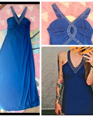 Vestito lungo Blu elettrico con strass e scollo, M