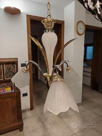 Lampadario vintage 3 luci vetri satinati a fiore