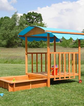 Casetta in legno per bambini con sabbiera e tetto
