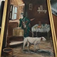 Dipinto olio su tela Il cacciatore e il suo cane