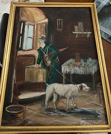 Dipinto olio su tela Il cacciatore e il suo cane
