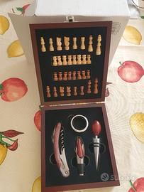 Scacchi & set vino legno 15 cm nuovo con scatola