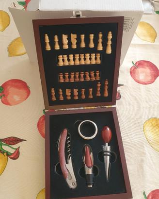 Scacchi & set vino legno 15 cm nuovo con scatola
