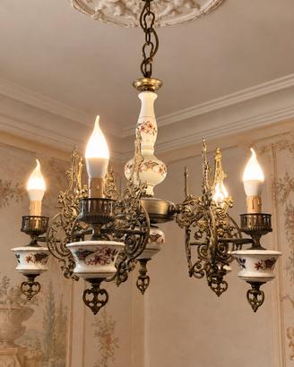 Lampadario in ottone e ceramica unico vintage