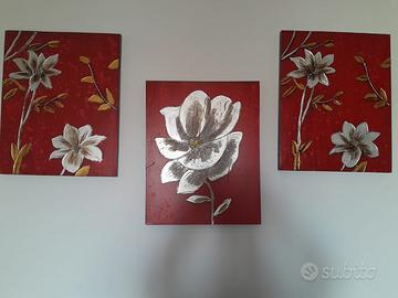 3 QUADRI  CON FIORI SU TELA.  FUORIGROTTA.