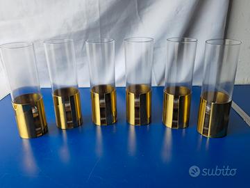Set di 6 Bicchieri Vintage in Cristallo e Ottone