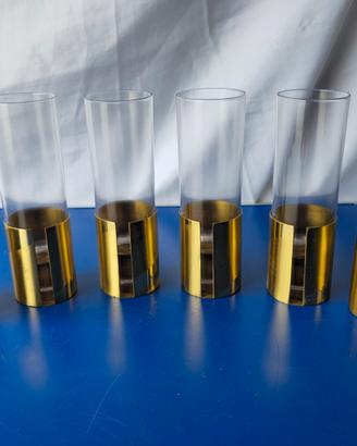 Set di 6 Bicchieri Vintage in Cristallo e Ottone