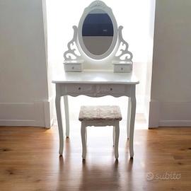 Toeletta Trucco Bianca Shabby con Sgabello