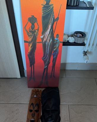 Quadro etnico in legno e maschere di legno
