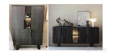 Sala vetrina, madia credenza, legno e marmo nero