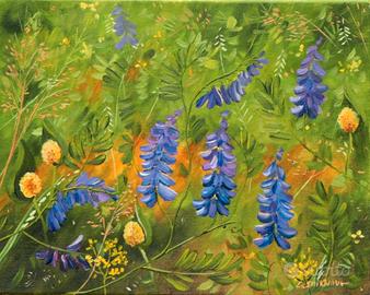 Dipinto olio su tela Paesaggio Fiori 30x24